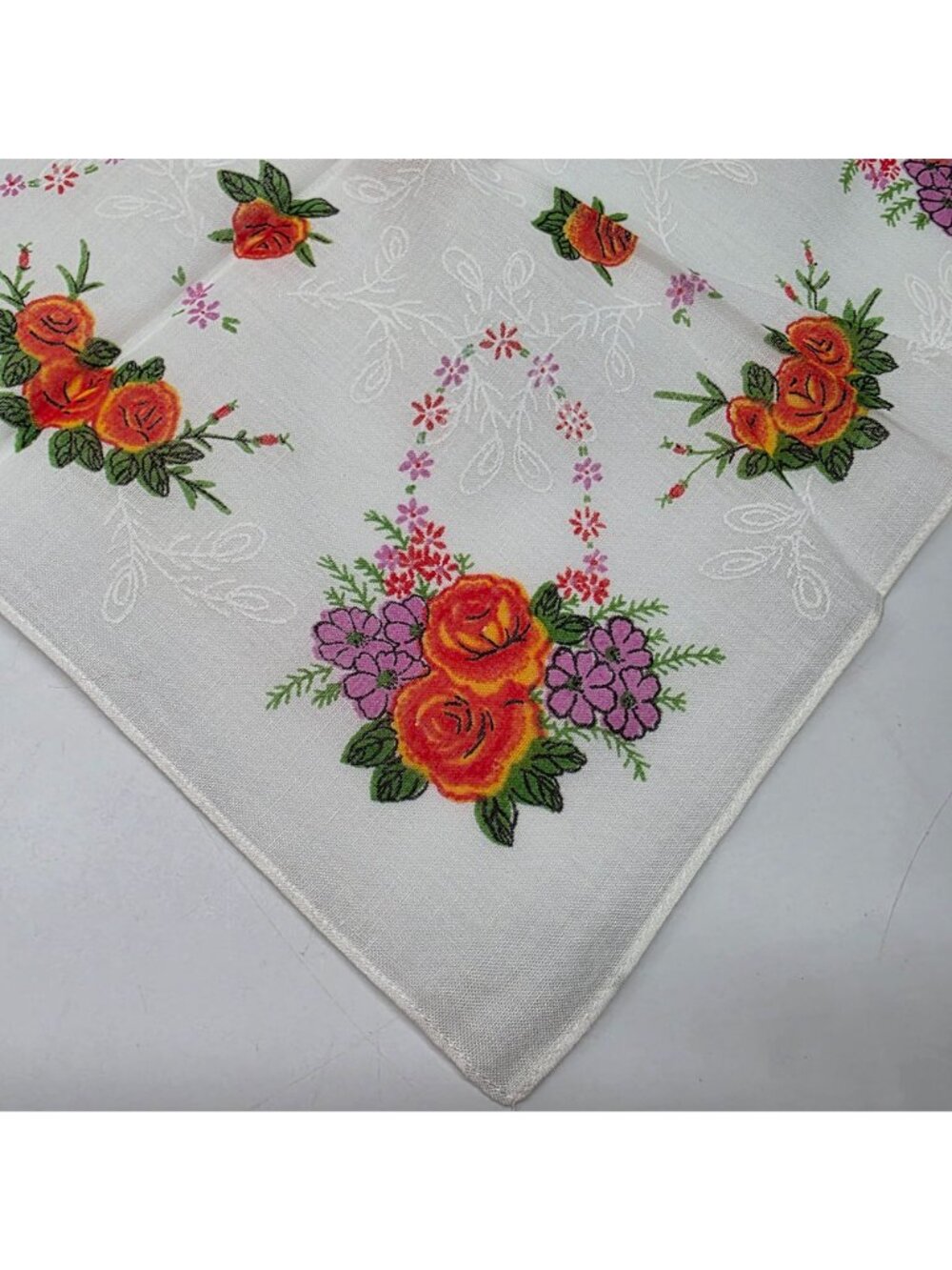 Vintage White Handkerchief With Orange Roses & Purple Floral Embroidery - Picture 3 of 5